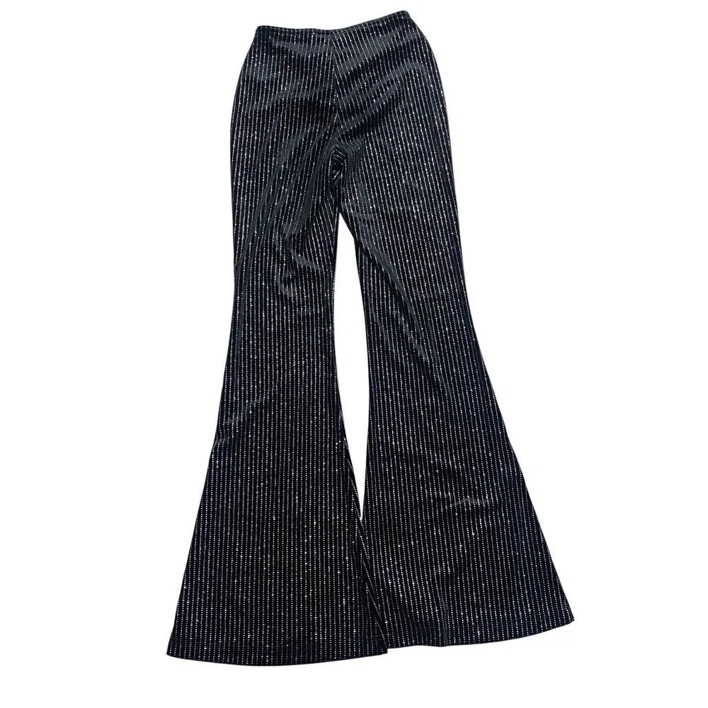 Urban Outfitters Black Sparkle Pull On Flare Pants Womens Size S Diamond V Front